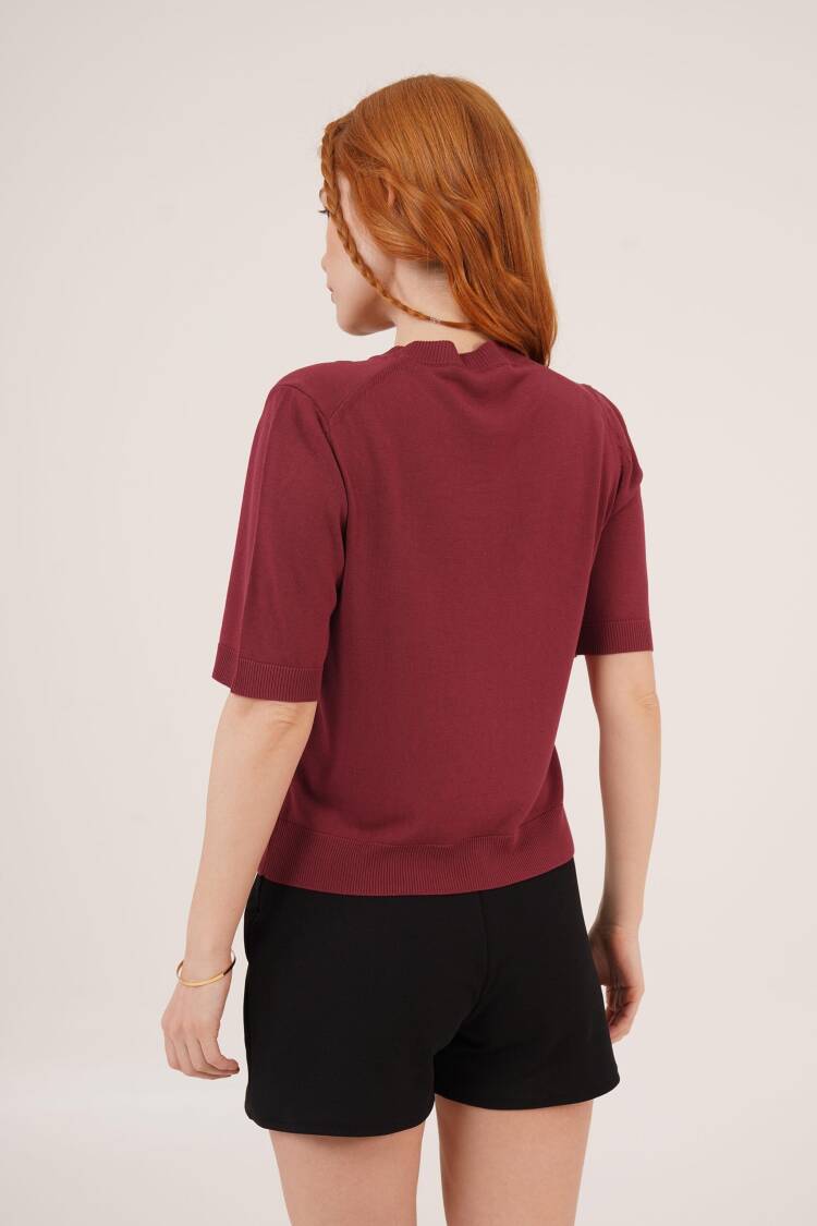 Half Sleeve Round Neck Lycra Wholesale Slim Burgundy Knitwear Blouse
