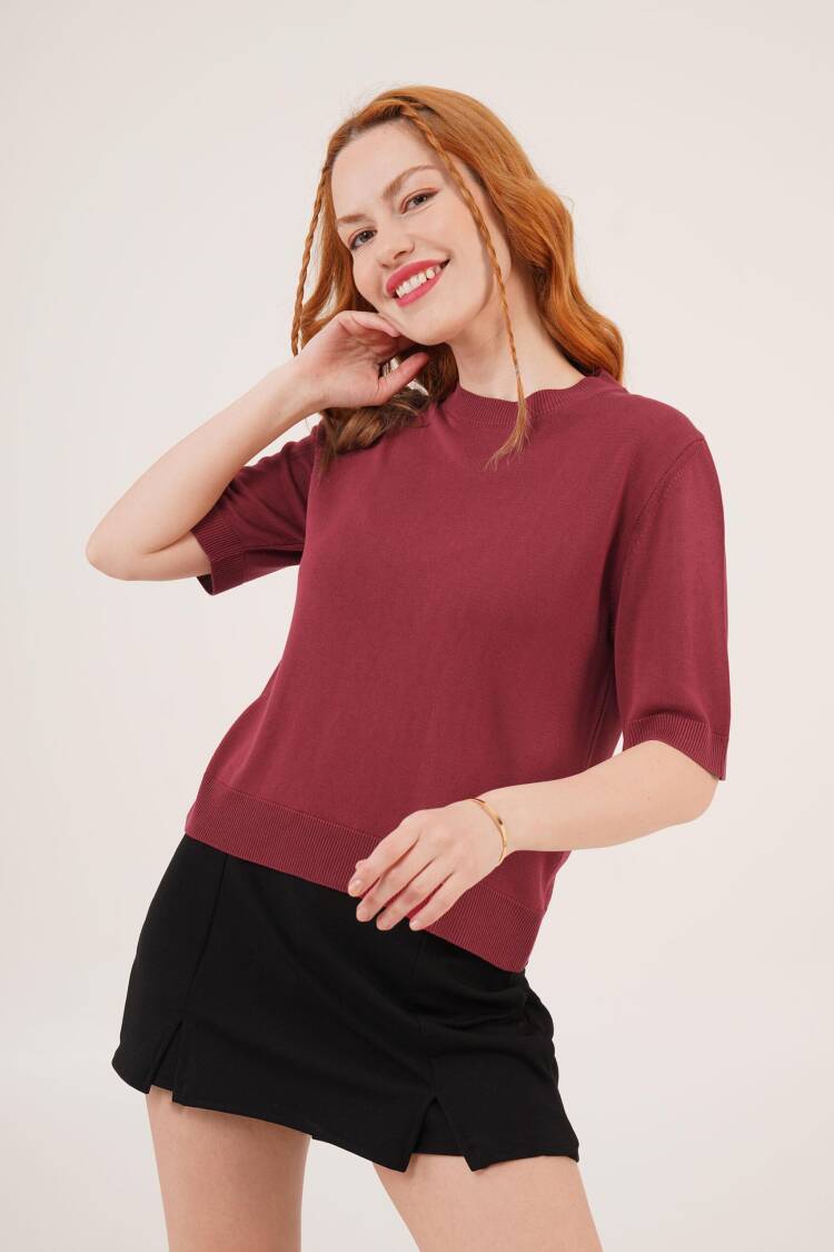 Half Sleeve Round Neck Lycra Wholesale Slim Burgundy Knitwear Blouse