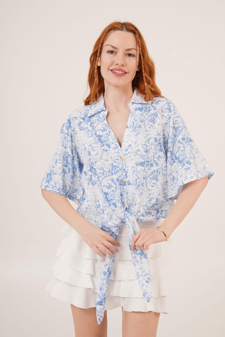 Blue Wholesale Shirt With Front Tie Pattern - Lustrin - Globality Store - Women Clothes Wholesale Turkey