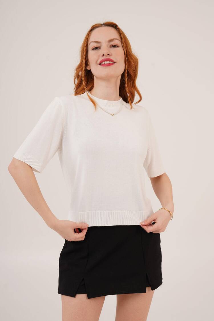 Half Sleeve Round Neck Lycra Wholesale SlimSweater Blouse - Lustrin - Globality Store - Women Clothes Wholesale Turkey