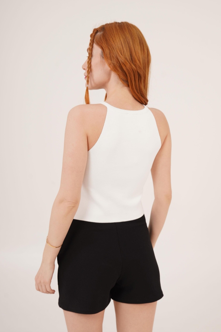 Stone Bow Brooch Detailed Zero Sleeve WholesaleBlouse