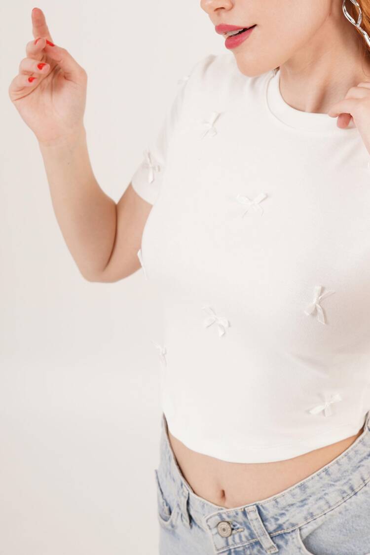 White Wholesale Crop T Shirt With Bow Detail