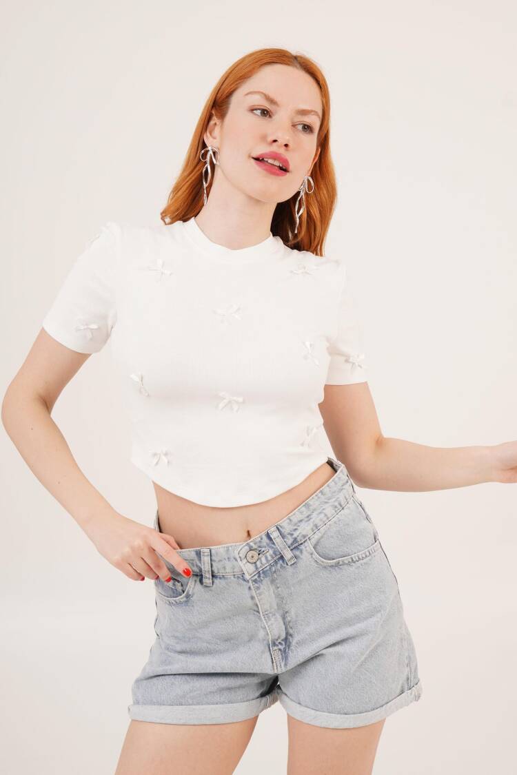 White Wholesale Crop T Shirt With Bow Detail - Lustrin - Globality Store - Women Clothes Wholesale Turkey