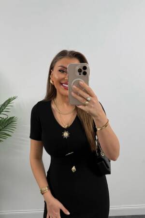 Draped Sun Accessory Half Sleeve Side Slit Dress - Fiori - Globality Store - Women Clothes Wholesale Turkey