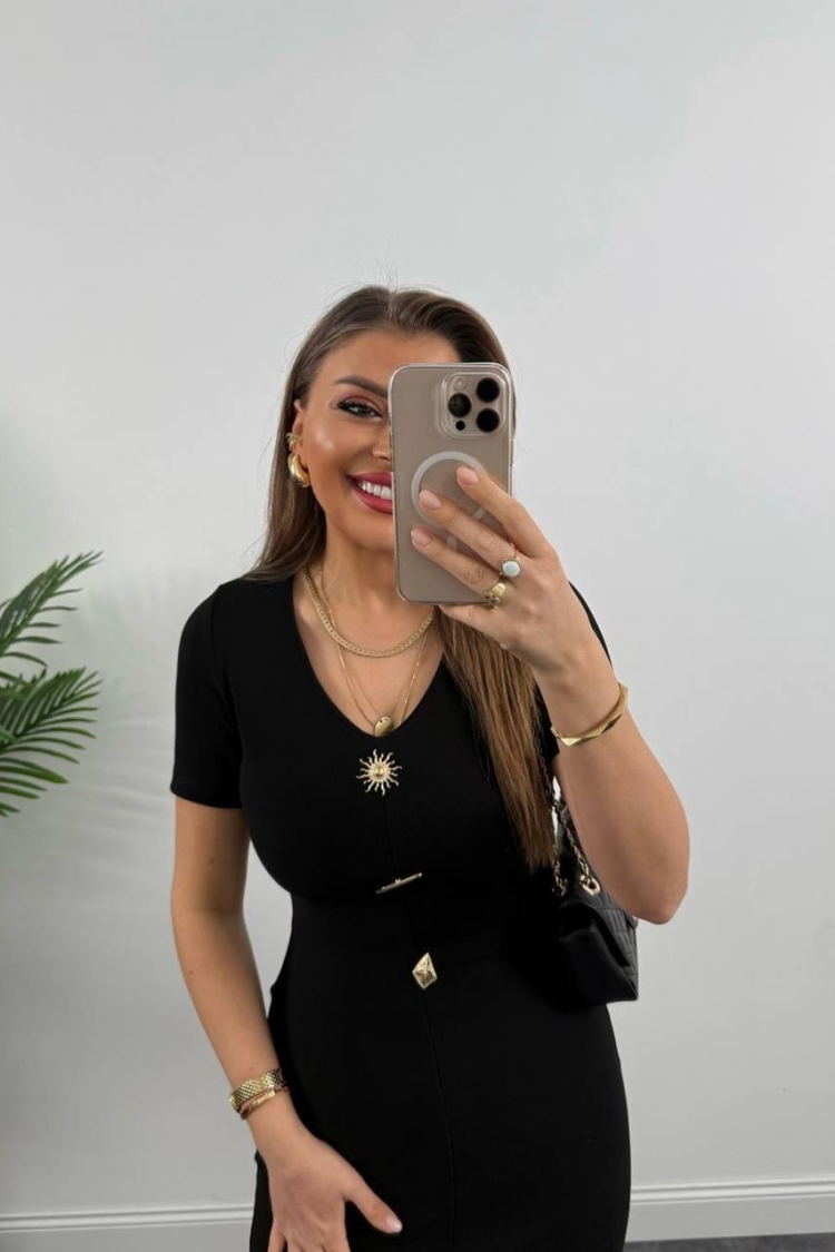Draped Sun Accessory Half Sleeve Side Slit Dress - Fiori - Globality Store - Women Clothes Wholesale Turkey