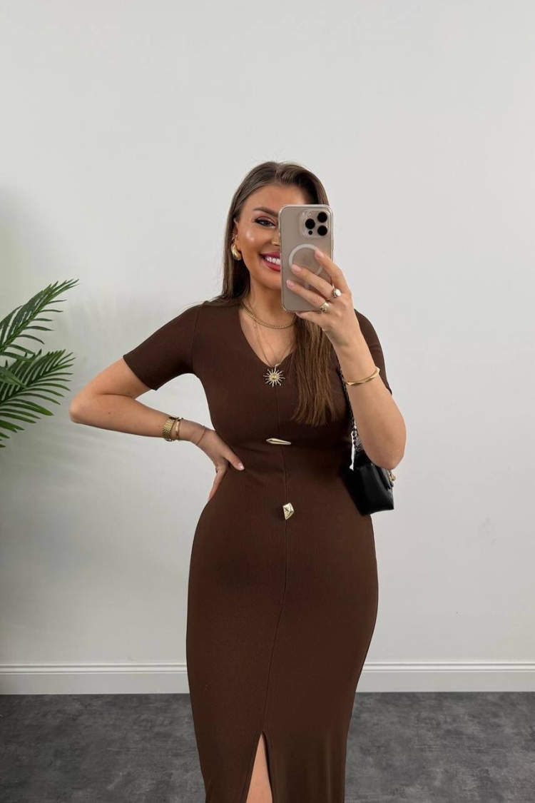 Draped Sun Accessory Half Sleeve Side Slit Dress - Fiori - Globality Store - Women Clothes Wholesale Turkey