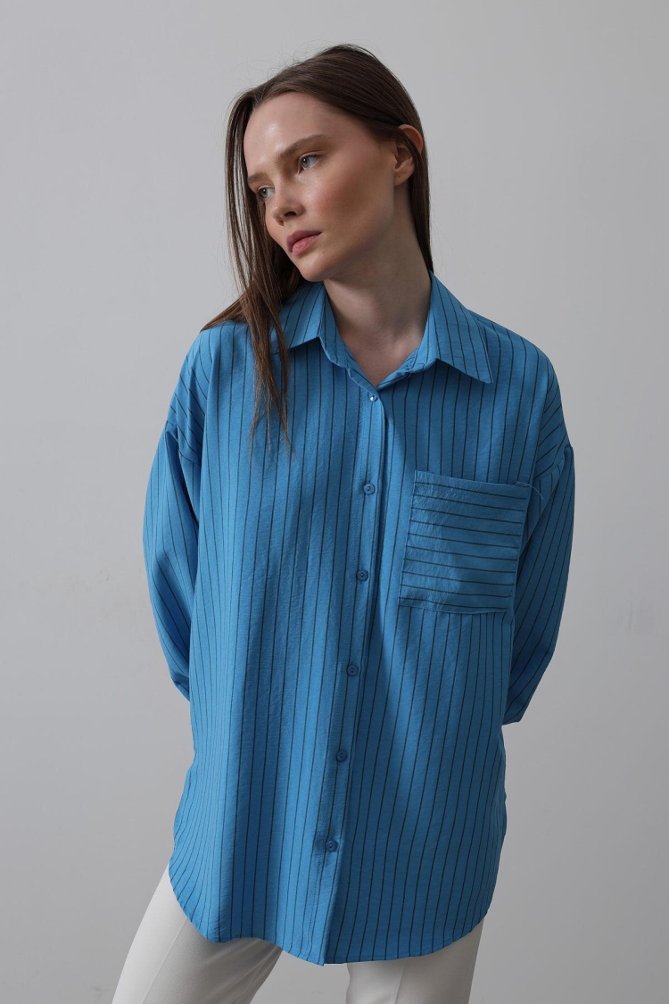 Striped Single Pocket Shirt - Reyon - Globality Store - Women Clothes Wholesale Turkey