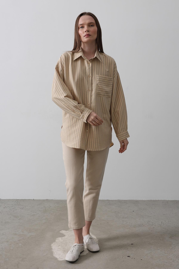 Striped Single Pocket Shirt - Reyon - Globality Store - Women Clothes Wholesale Turkey