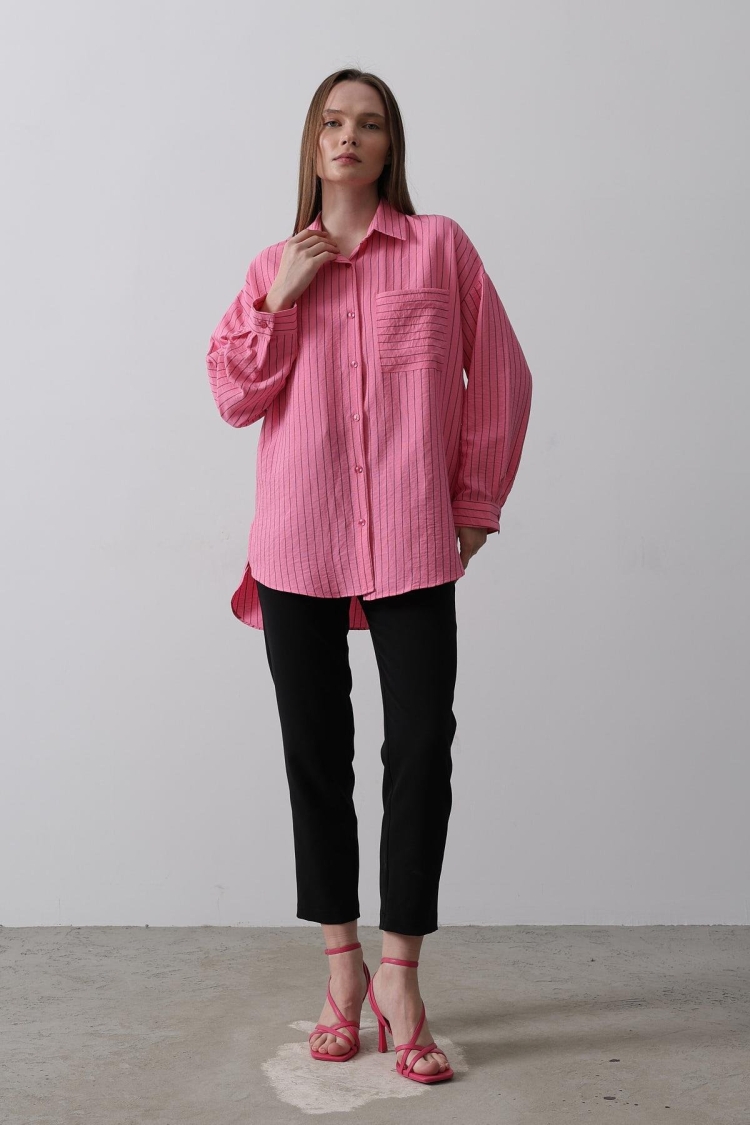 Striped Single Pocket Shirt - Reyon - Globality Store - Women Clothes Wholesale Turkey