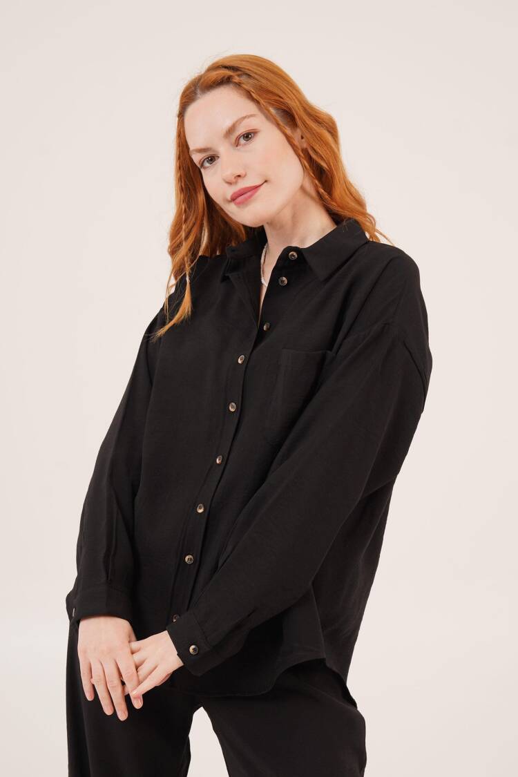 Slap Pattern Low Shoulder Single Pocket Black Wholesale Shirt - Lustrin - Globality Store - Women Clothes Wholesale Turkey