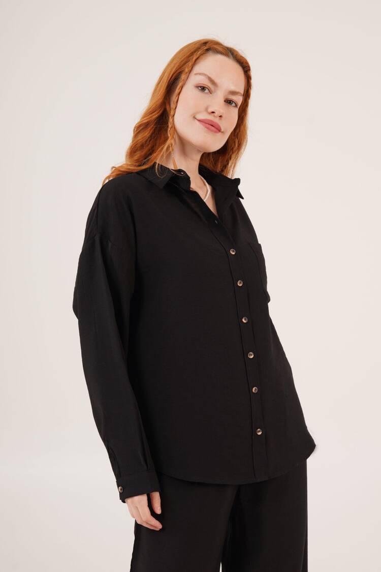 Slap Pattern Low Shoulder Single Pocket Black Wholesale Shirt