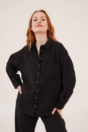 Slap Pattern Low Shoulder Single Pocket Black Wholesale Shirt - Lustrin - Globality Store - Women Clothes Wholesale Turkey