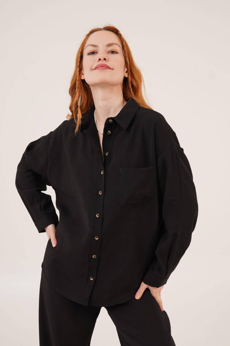 Slap Pattern Low Shoulder Single Pocket Black Wholesale Shirt