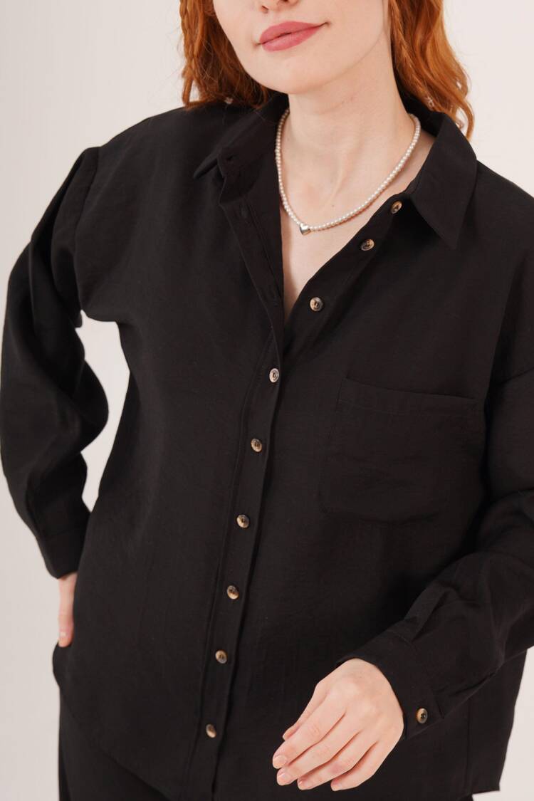 Slap Pattern Low Shoulder Single Pocket Black Wholesale Shirt
