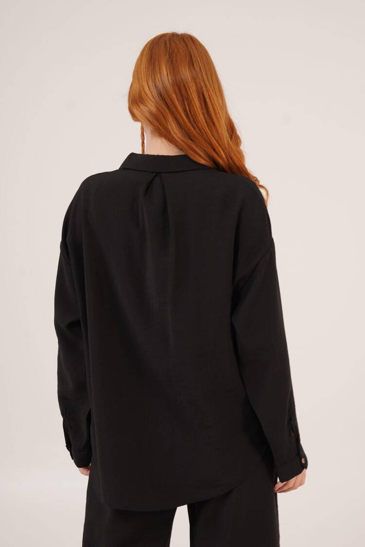 Slap Pattern Low Shoulder Single Pocket Black Wholesale Shirt