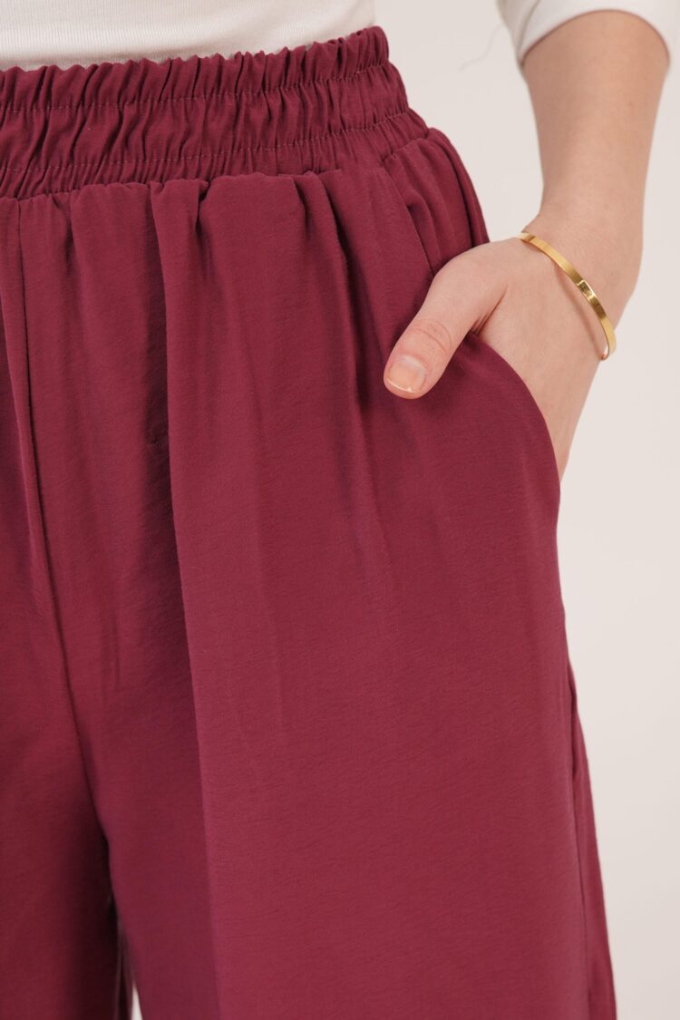 Elastic Waist Double Pockets Burgundy Wholesale Pants
