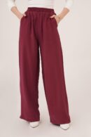 Elastic Waist Double Pockets Burgundy Wholesale Pants - Lustrin - Globality Store - Women Clothes Wholesale Turkey