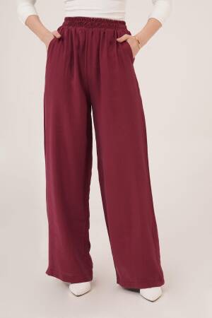 Elastic Waist Double Pockets Burgundy Wholesale Pants - Lustrin - Globality Store - Women Clothes Wholesale Turkey