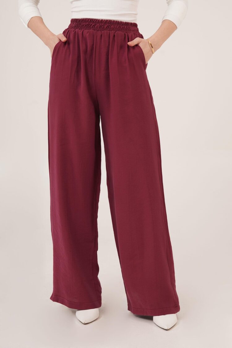 Elastic Waist Double Pockets Burgundy Wholesale Pants - Lustrin - Globality Store - Women Clothes Wholesale Turkey