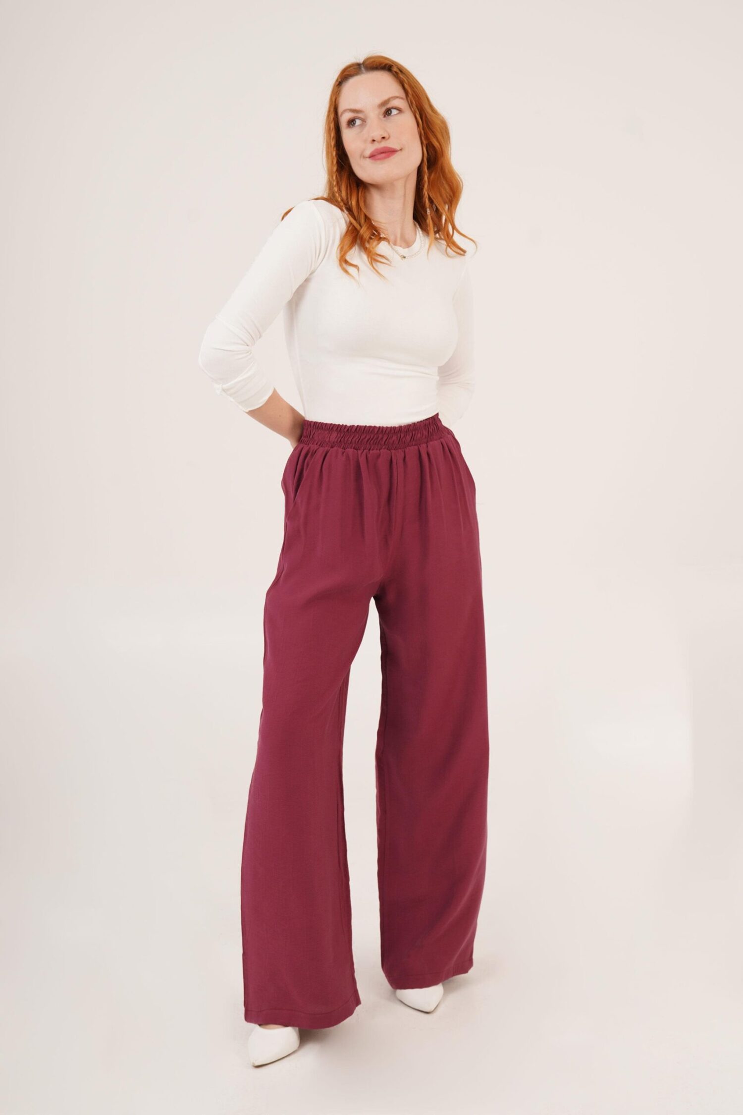 Elastic Waist Double Pockets Burgundy Wholesale Pants - Lustrin - Globality Store - Women Clothes Wholesale Turkey