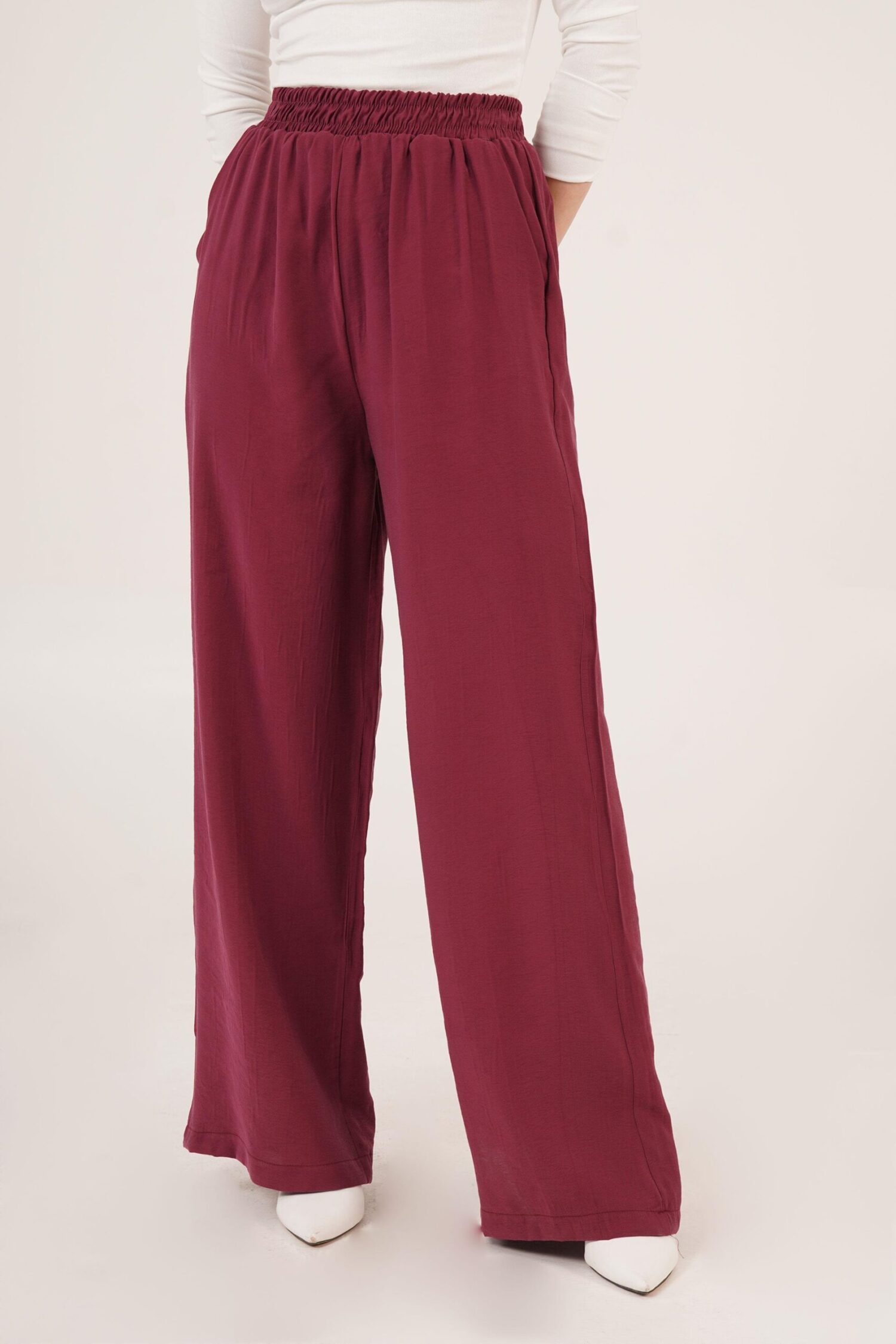 Elastic Waist Double Pockets Burgundy Wholesale Pants - Lustrin - Globality Store - Women Clothes Wholesale Turkey