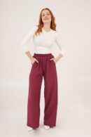 Elastic Waist Double Pockets Burgundy Wholesale Pants - Lustrin - Globality Store - Women Clothes Wholesale Turkey