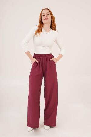 Elastic Waist Double Pockets Burgundy Wholesale Pants - Lustrin - Globality Store - Women Clothes Wholesale Turkey