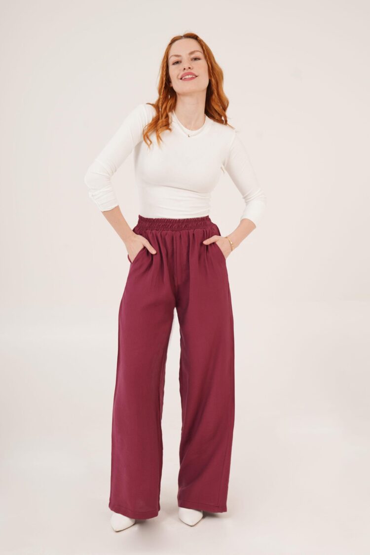 Elastic Waist Double Pockets Burgundy Wholesale Pants