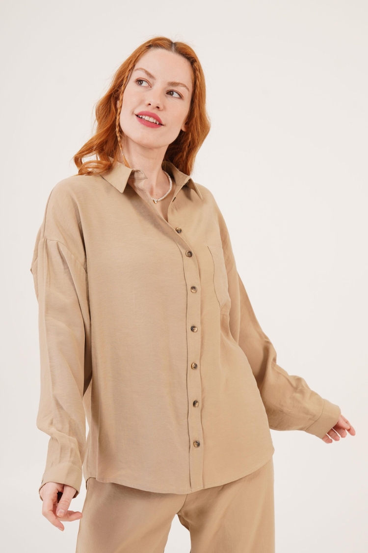 Shaggy Pattern Low Shoulder Single PocketWholesale Shirt - Lustrin - Globality Store - Women Clothes Wholesale Turkey