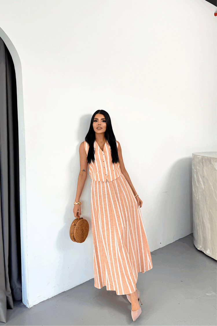 Linen Striped Vest - Long Skirt Set - Ello - Globality Store - Women Clothes Wholesale Turkey