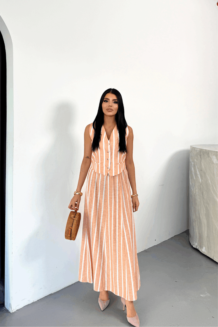Linen Striped Vest - Long Skirt Set