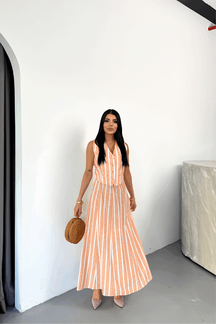 Linen Striped Vest - Long Skirt Set