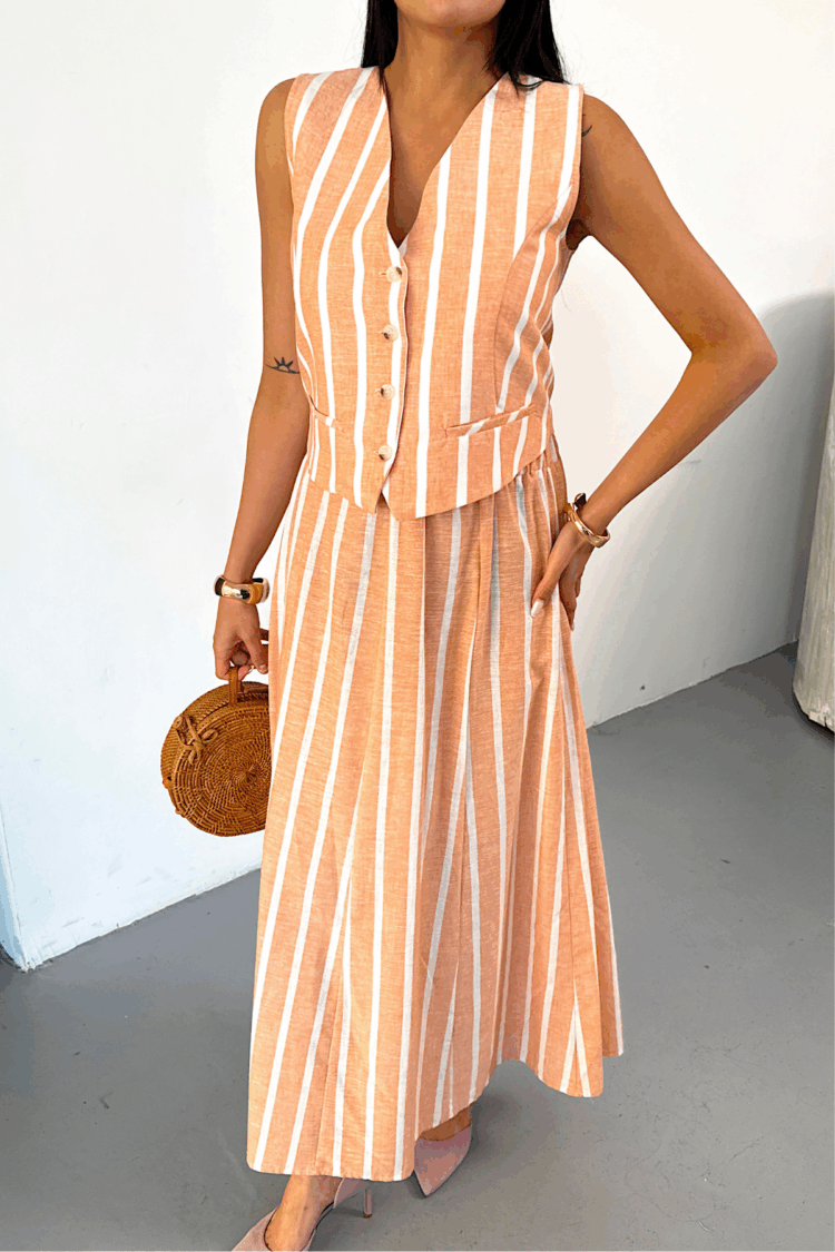 Linen Striped Vest - Long Skirt Set