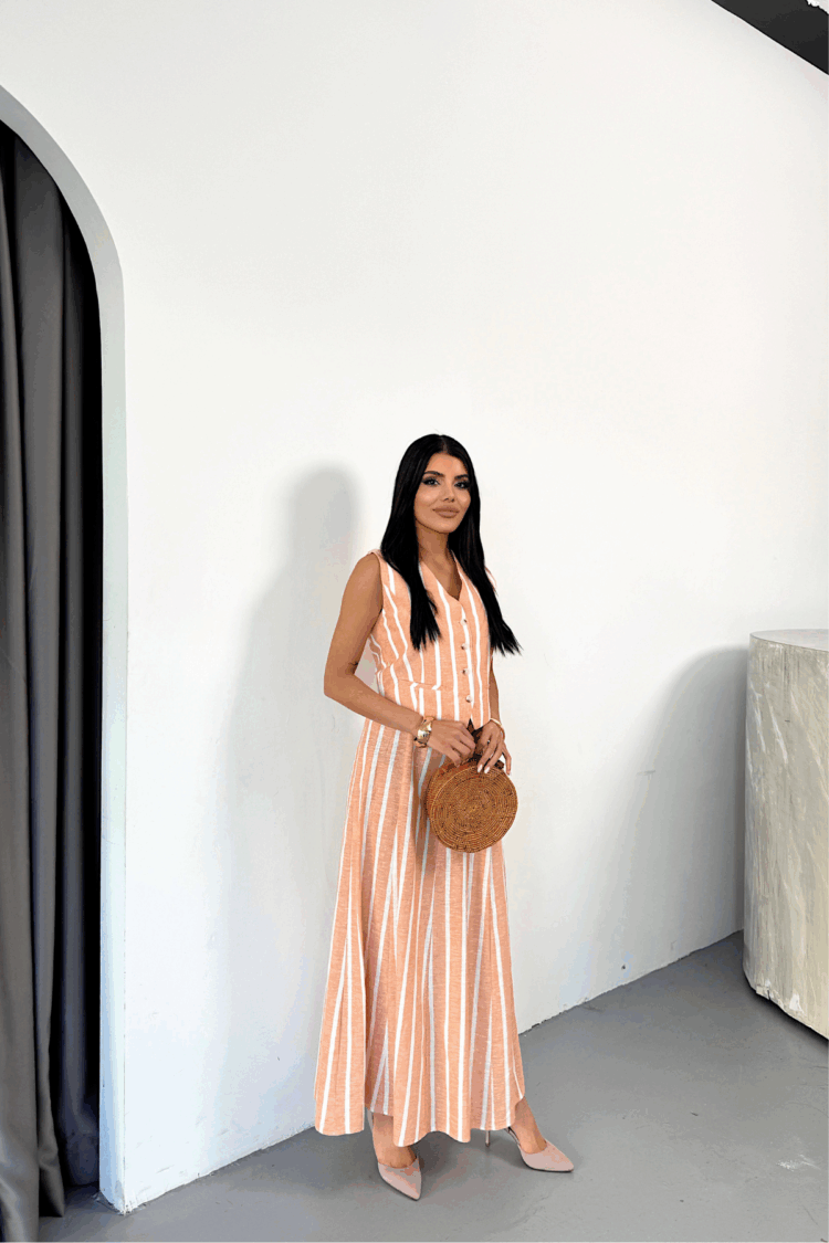Linen Striped Vest - Long Skirt Set