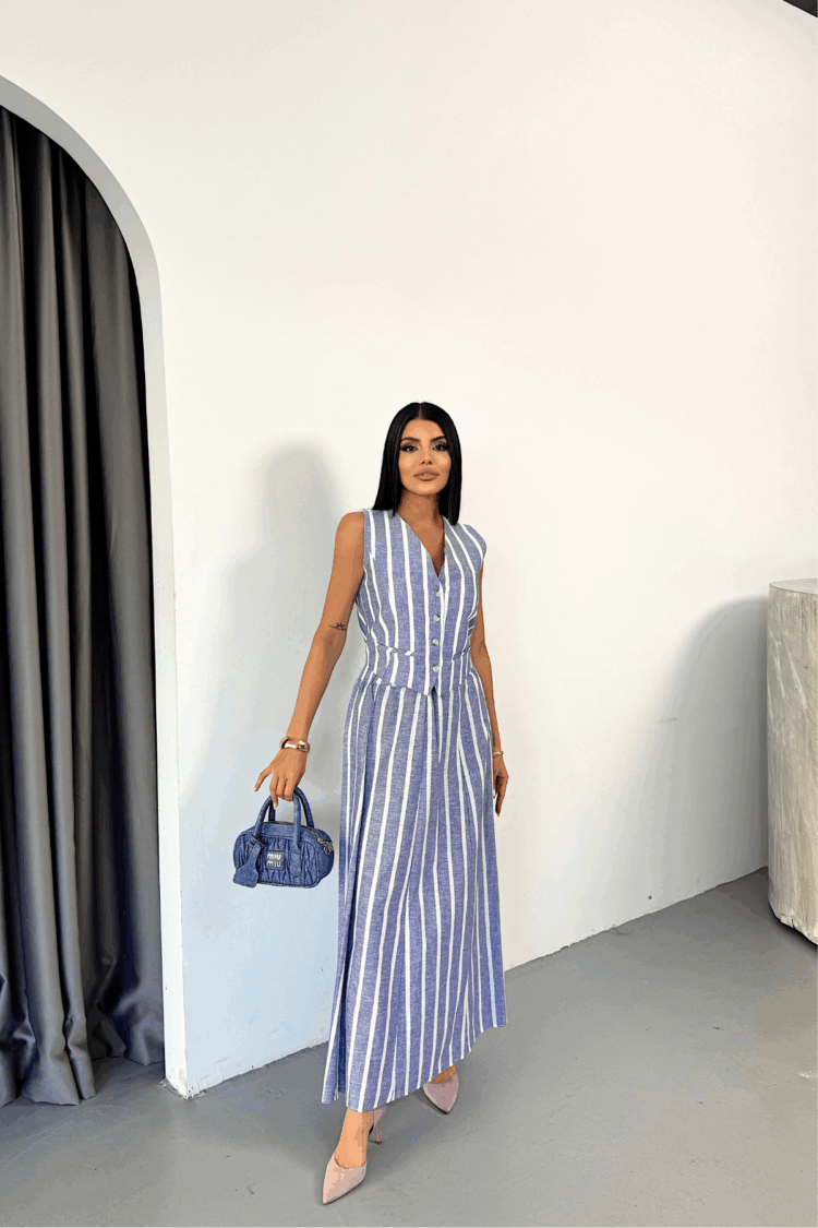 Linen Striped Vest - Long Skirt Set