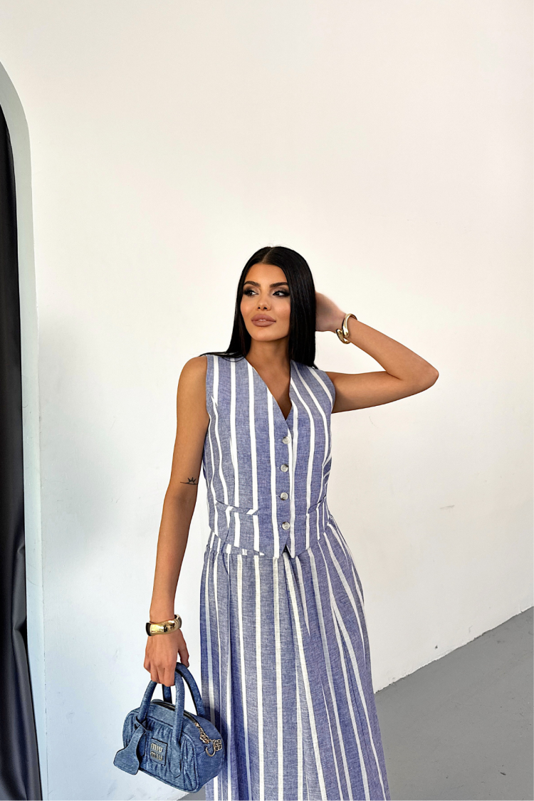 Linen Striped Vest - Long Skirt Set
