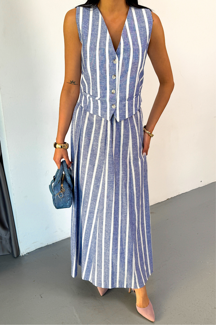 Linen Striped Vest - Long Skirt Set