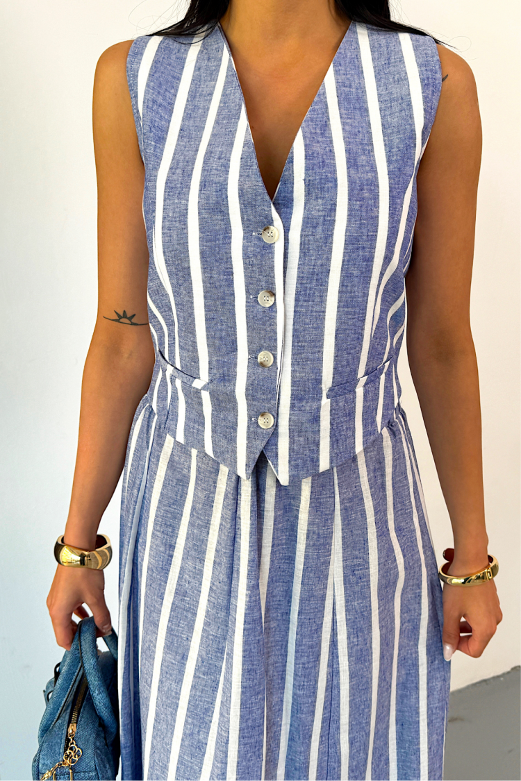 Linen Striped Vest - Long Skirt Set