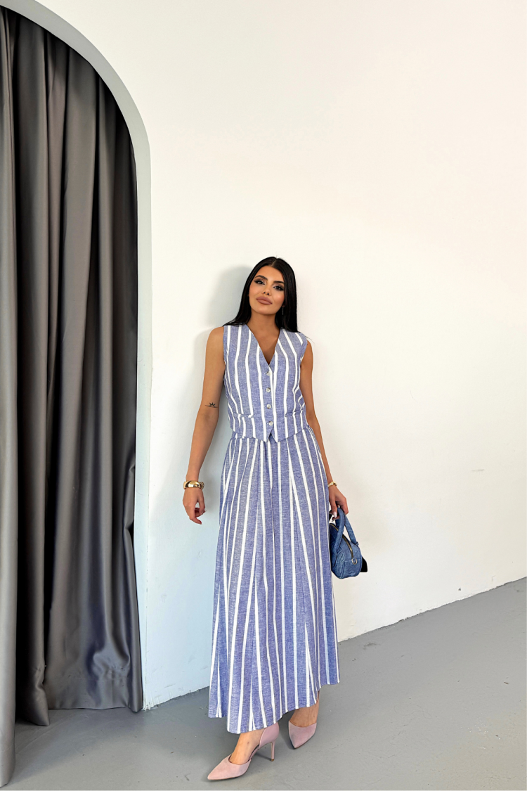 Linen Striped Vest - Long Skirt Set