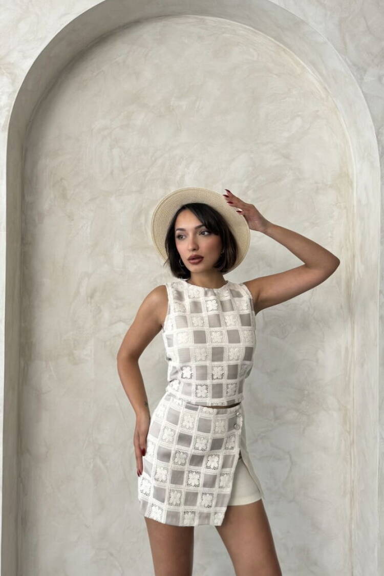 Checkered Pattern Crochet Wholesale Blouse