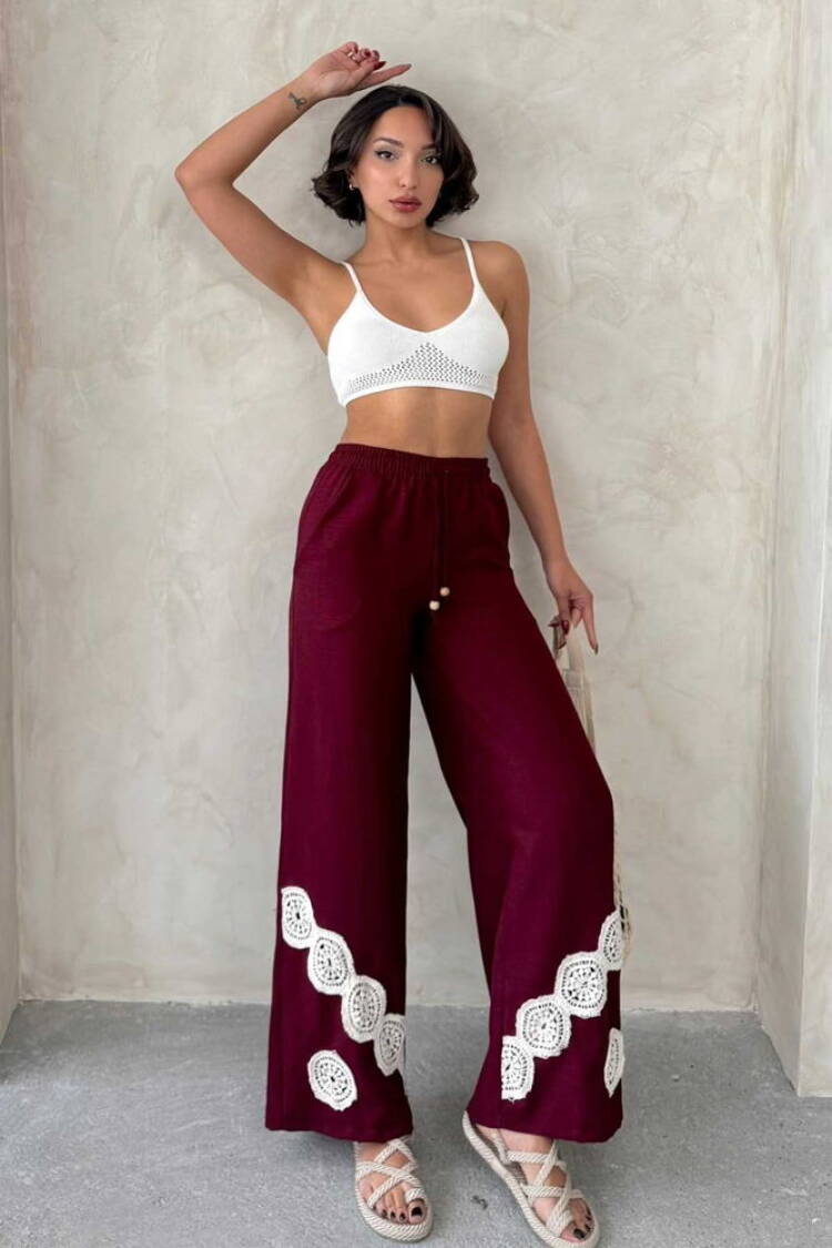 Lace-up Trousers - Burgundy - Topshow - Globality Store - Women Clothes Wholesale Turkey