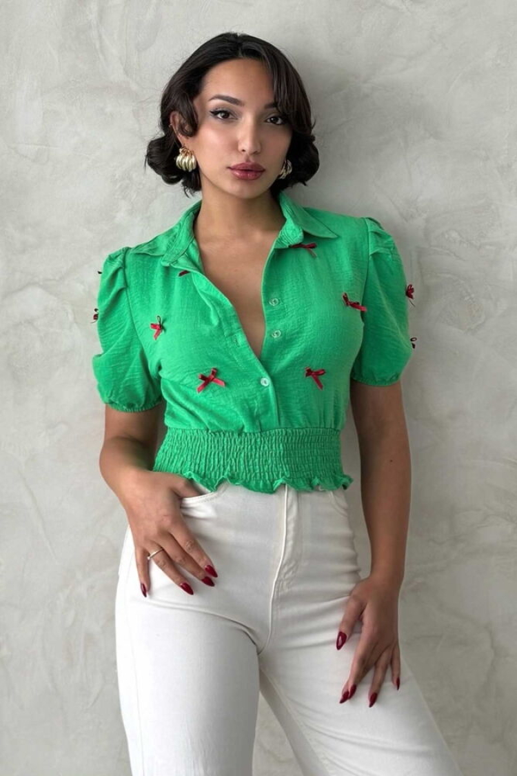 D 2409-1 Linen Shirt With Bow - Topshow - Globality Store - Women Clothes Wholesale Turkey