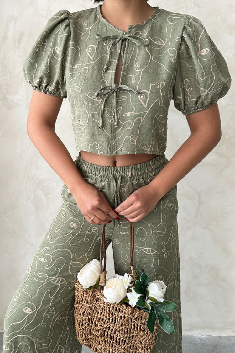 Embroidered Front Tie Blouse - Light