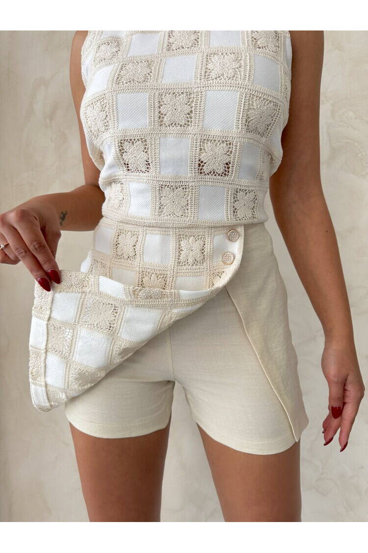 Lace Detailed Square Pattern Shorts Skirt - Stone
