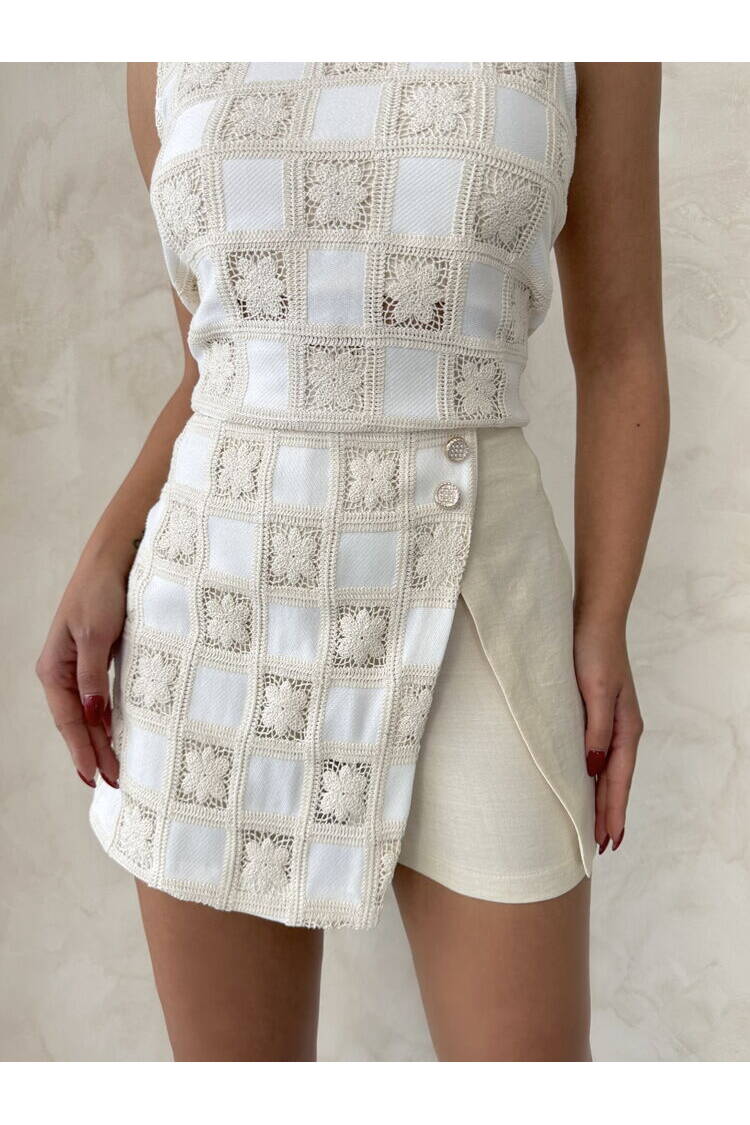 Lace Detailed Square Pattern Shorts Skirt - Stone