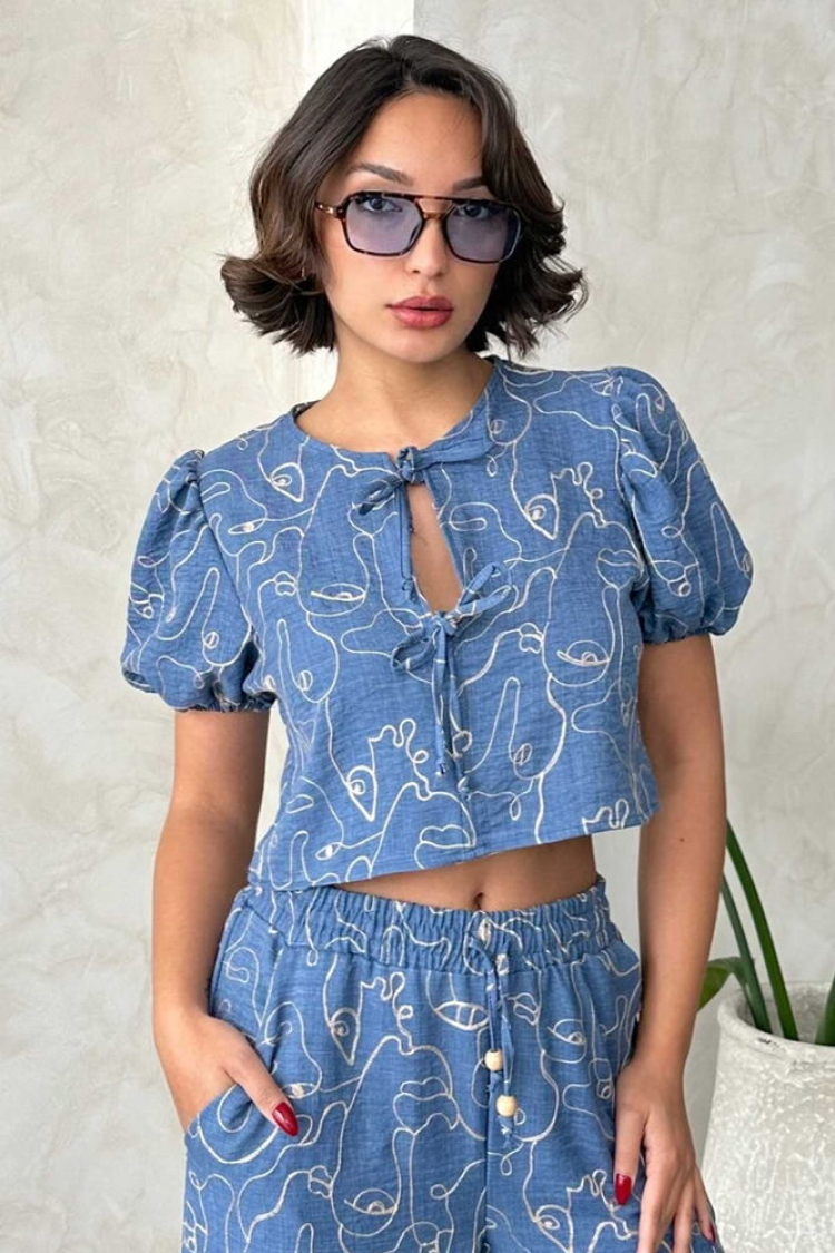 Embroidered Front Tie Blouse - Dark - Topshow - Globality Store - Women Clothes Wholesale Turkey