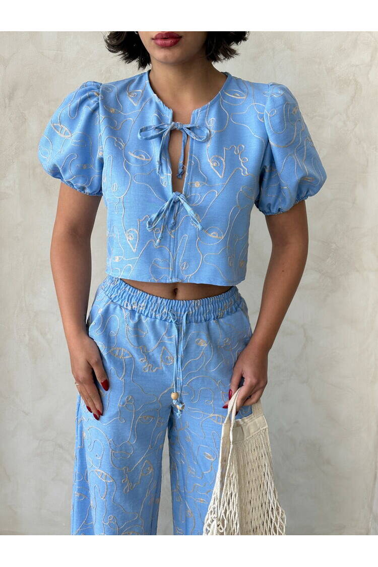 Embroidered Front Tie Blouse - Light