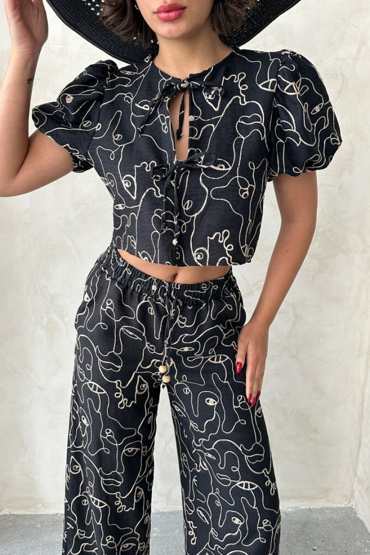 Embroidered Front Tie Blouse