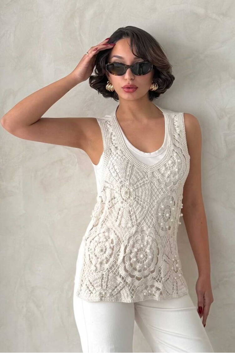 Pearl Lace Detailed Raw T-Shirt - Stone - Topshow - Globality Store - Women Clothes Wholesale Turkey
