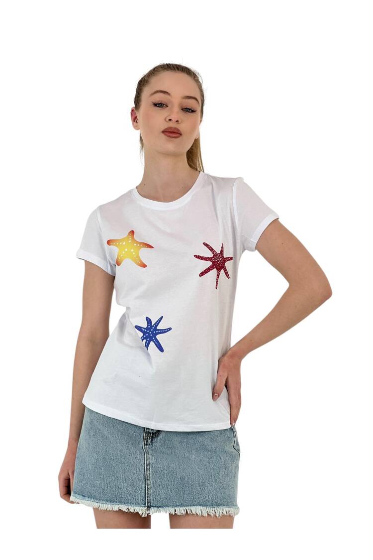Star Printed Short Sleeve Summer Black T-Shirt
